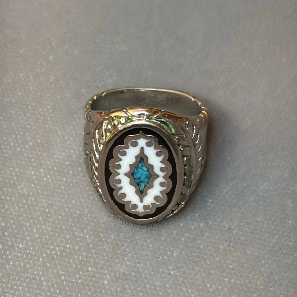 Sterling Ring with Inlaid Turquoise, Mother of Pearl and Onyx